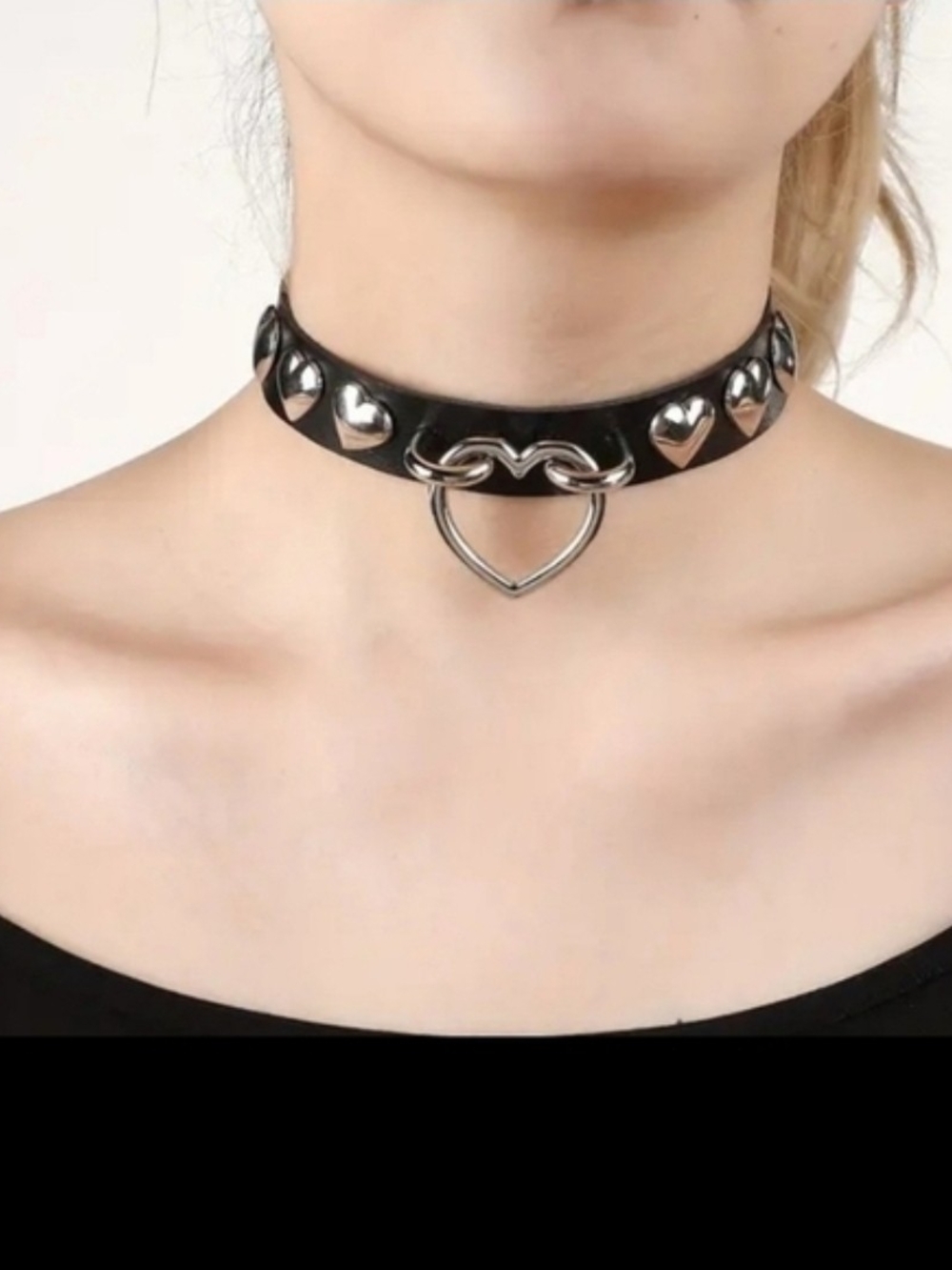 Heart Stud Black Pu Leather Choker Necklace